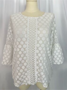Alfani White Swiss Dot Mesh Blouse Bell Sleeve Crochet Trim Size 1X (1416)
